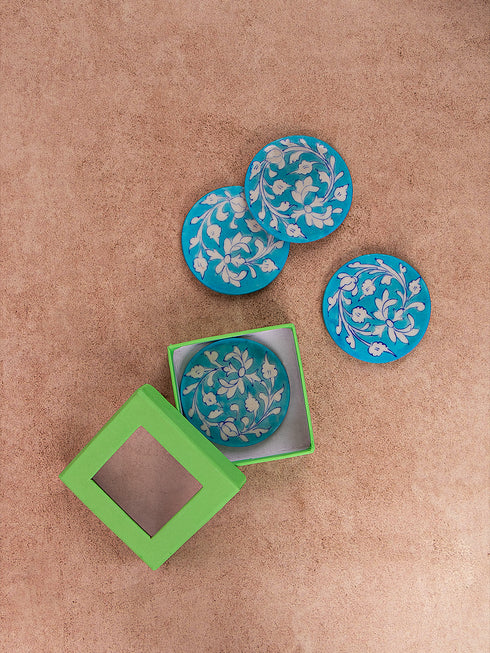 Blue Pottery Turquoise Base White Flower Coasters Set Of 4pcs.